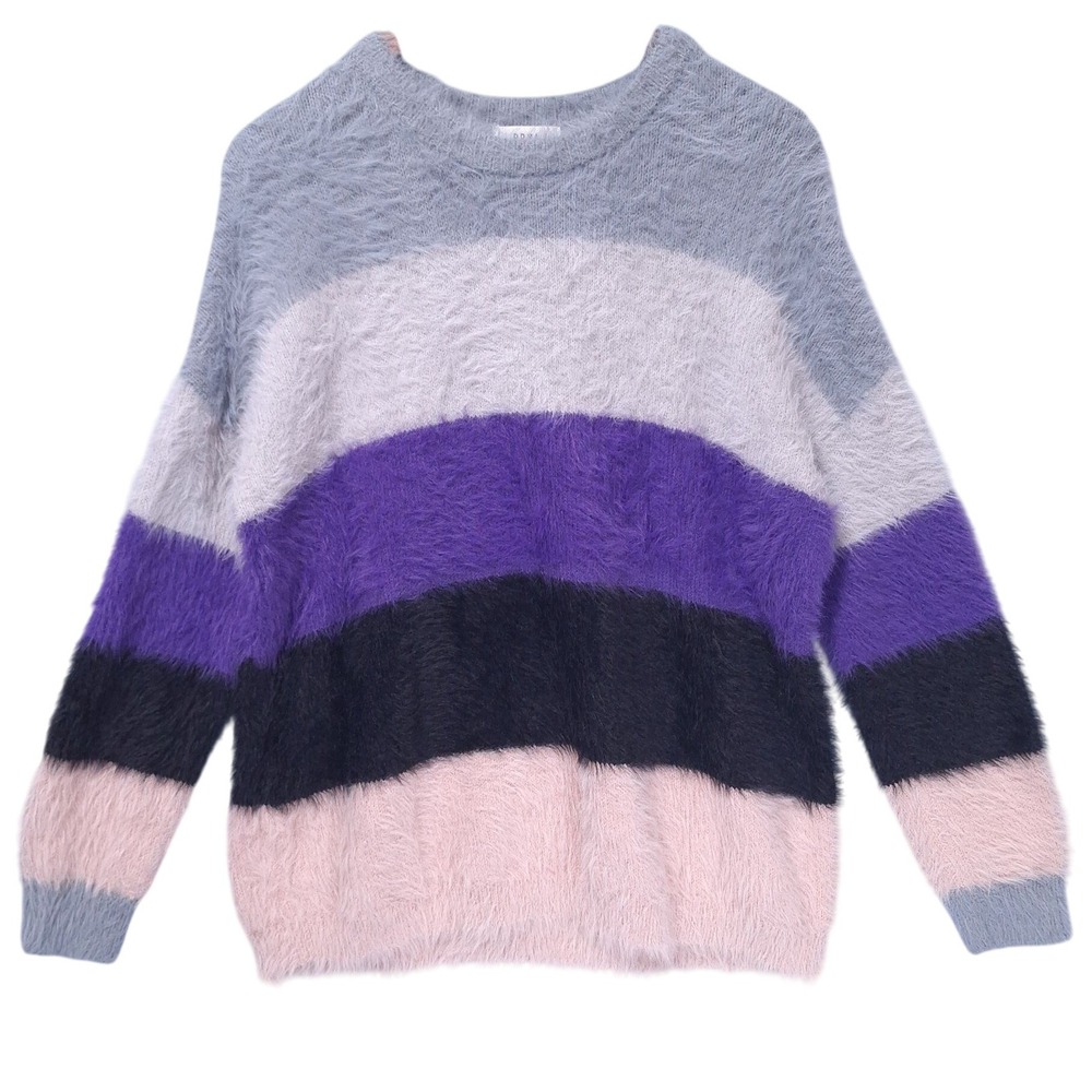 PRMA Colorblock Fuzzy Knit Sweater Women M Oversize Cozy Stripe Purple Pink Grey
